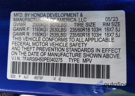2023 Honda Cr-V Hybrid Sport from USA, damaged, VIN 7FARS6H50PE040275